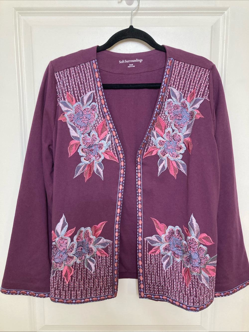 Soft Surroundings Embroidered Jacket Open Front Boho Chic Cottagecore Sz Small